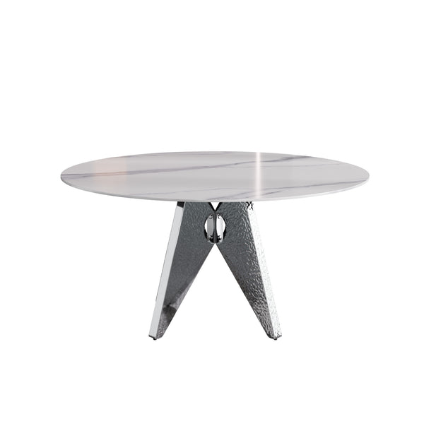 English Elm 59.05" Round Marble Dining Table With Silver Base – Modern Artificial Marble For 6-8 Guests, Chic Design W1535S00394