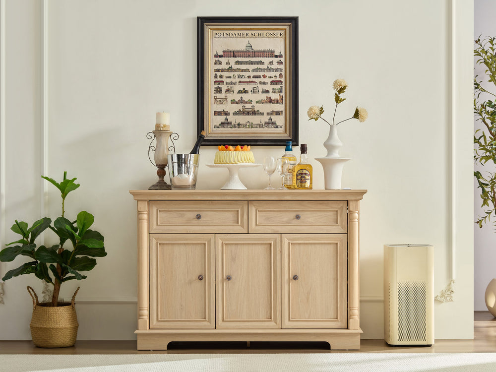 English Elm Farmhouse Large Wooden Storage Cabinet - Roman Column Style, Versatile Coffee Bar & Wine Cooler W2393P300542