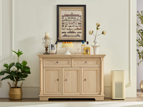 English Elm Farmhouse Large Wooden Storage Cabinet - Roman Column Style, Versatile Coffee Bar & Wine Cooler W2393P300542