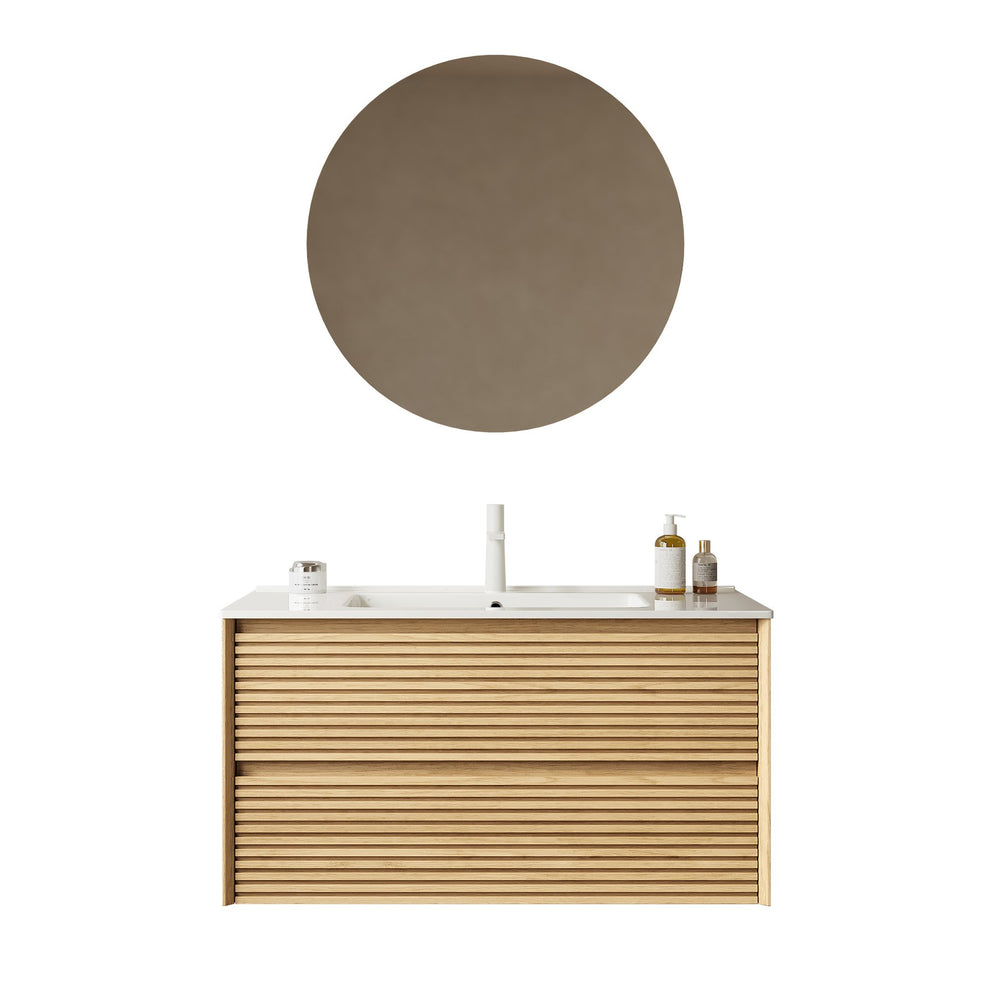 English Elm BRON 36" Bathroom Vanity with Ceramic Sink, Corolla Oak Grain Floating Cabinet, Soft-Close Drawers W2615P264556