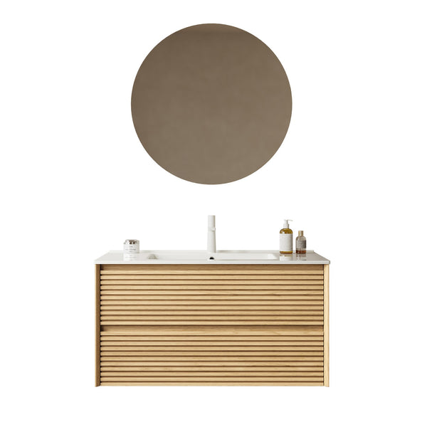 English Elm BRON 36" Bathroom Vanity with Ceramic Sink, Corolla Oak Grain Floating Cabinet, Soft-Close Drawers W2615P264556