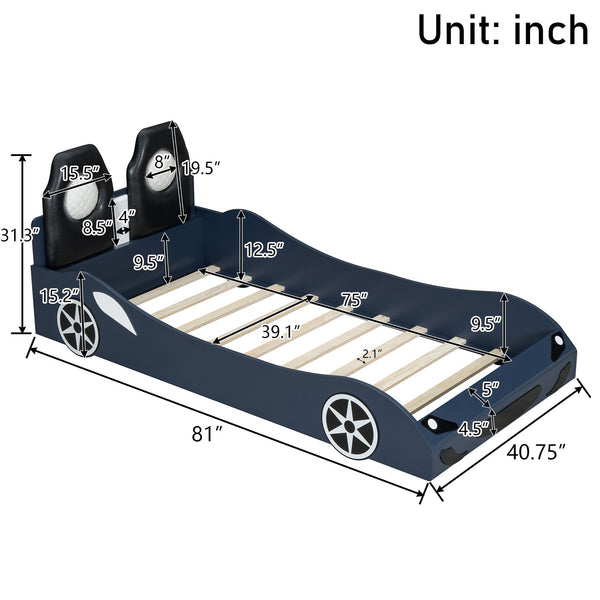 English Elm Wood Twin Race Car Platform Bed with LED Lighting, Upholstered Headrest, Sturdy Pine Build Blue GX002218AAC