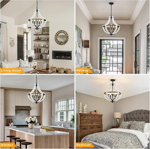 English Elm 5-Light Farmhouse Chandelier Vintage Geometric Wooden Frame Metal Fixture for Dining Room Foyer White W2738P242329
