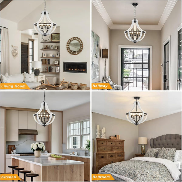 English Elm 5-Light Farmhouse Chandelier Vintage Geometric Wooden Frame Metal Fixture for Dining Room Foyer White W2738P242329