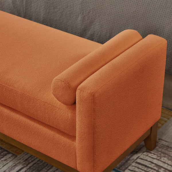 English Elm Large Boucle Upholstered Window Bench with Armrests and Throw Pillows for Entryway Orange W2186P454319