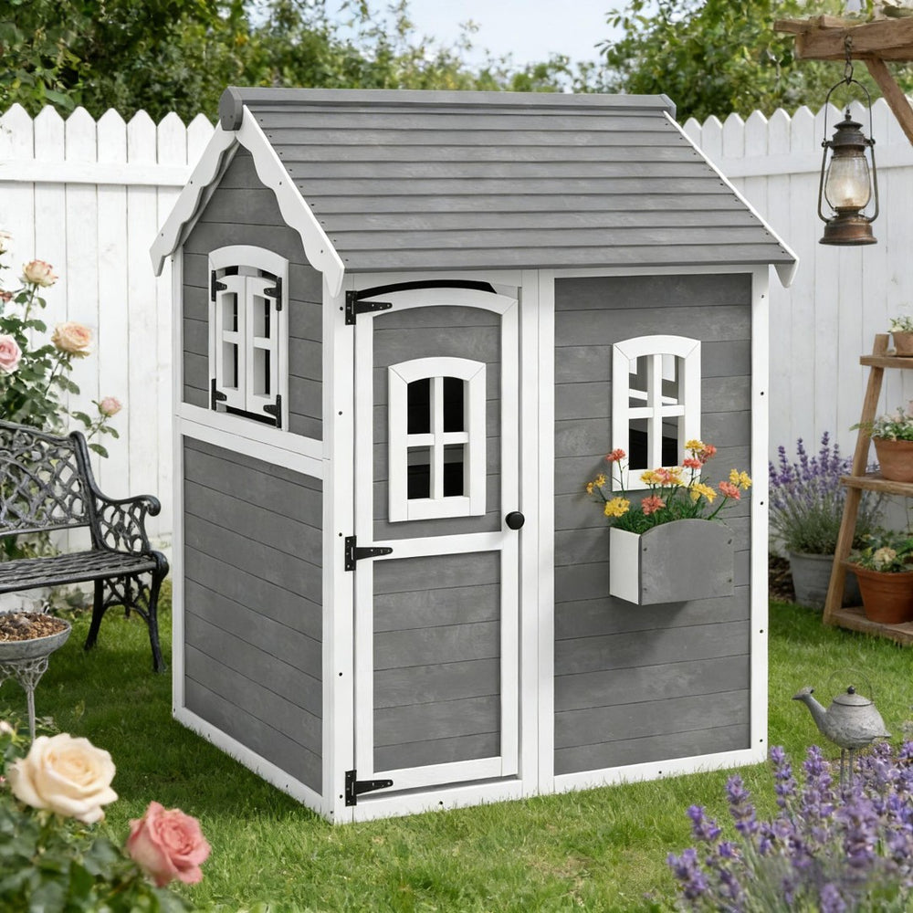 English Elm Toddlers Solid Fir Wood Cottage Playhouse with Windows and Plant Box for Backyard T3971P442846