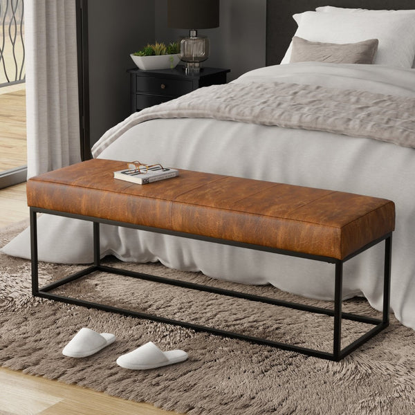 English Elm Candice Full-grain Leather Bench with Metal Base for Bedroom or Entryway B136P436947