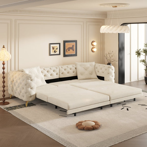 English Elm 97.6" Oversized Velvet Chesterfield Sleeper Sofa Floral Tufted Roll Arm Living Room Couch Beige+White W1885S00200