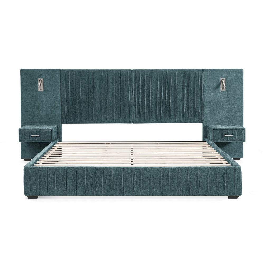 English Elm 2628q-bu-gen-3 Hand-pleated Upholstered Bed with Integrated Nightstands and Reading Lamps W487P358835