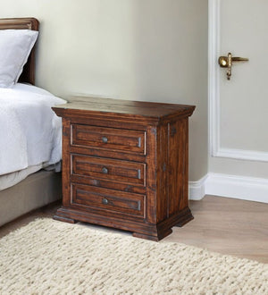 HomeRoots 32" Timeless Brown Solid Wood Nightstand with Three Drawers, Felt-Lined Storage & Open Shelves 527049