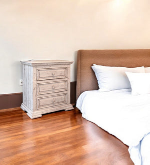 HomeRoots 32" Elegant White Solid Wood Nightstand with Three Drawers & Versatile Shelving for Every Room 527050