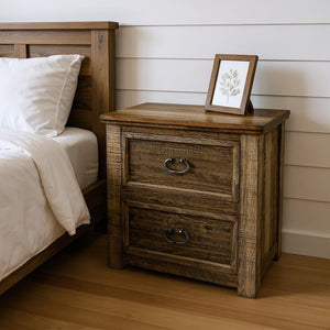 HomeRoots 28" Wood Brown Two-Drawer Nightstand - Rustic Charm with Durable Storage & Versatile Design for Home 527051