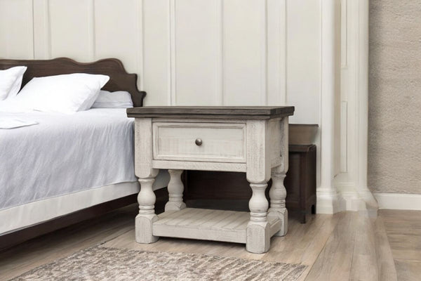 HomeRoots 27" Elegant Ivory Solid Wood Nightstand with One Drawer & Versatile Open Shelving for Storage 527053