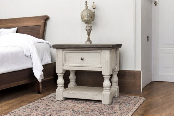 HomeRoots 27" Elegant Ivory Solid Wood Nightstand with One Drawer & Versatile Open Shelving for Storage 527053