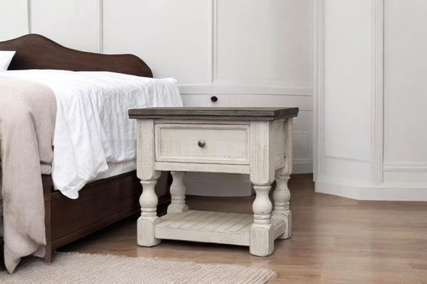 HomeRoots 27" Elegant Ivory Solid Wood Nightstand with One Drawer & Versatile Open Shelving for Storage 527053