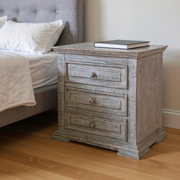 HomeRoots 32" Gray Solid Wood Nightstand with Three Drawers - Stylish Storage Solution for Any Space 527061