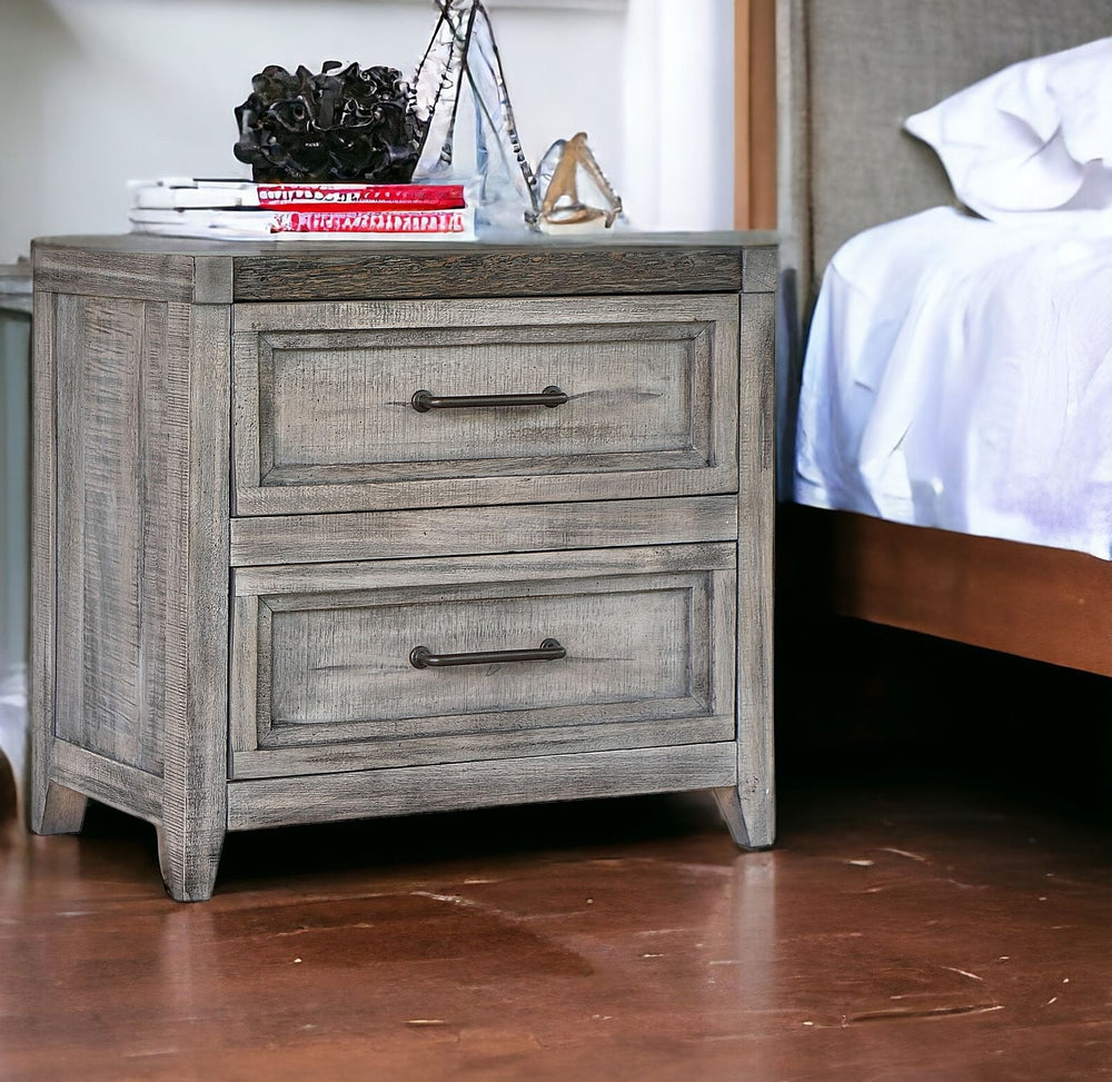 Homeroots 28" Gray Two Drawer Solid Wood Nightstand   527075