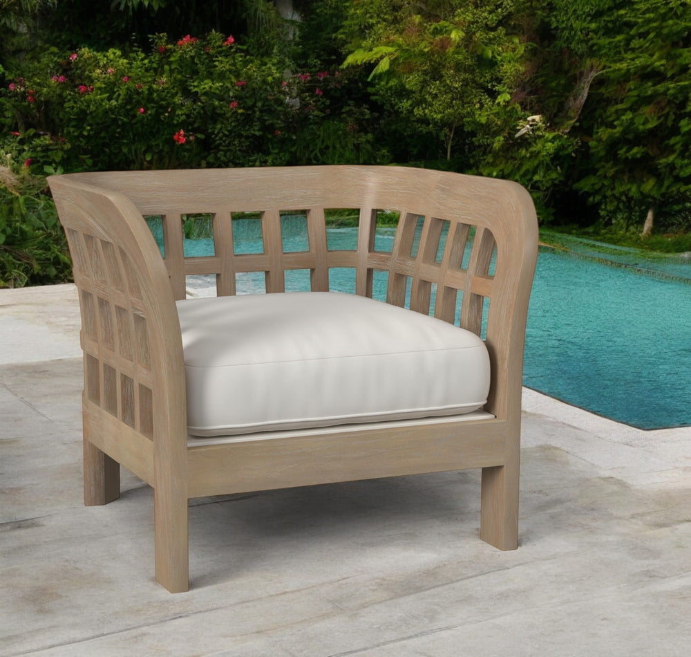 Homeroots 32" Light Brown Solid Wood Outdoor Arm Chair With Ivory Cushion – Stylish Comfort For Your Patio!  Solid Wood 527083