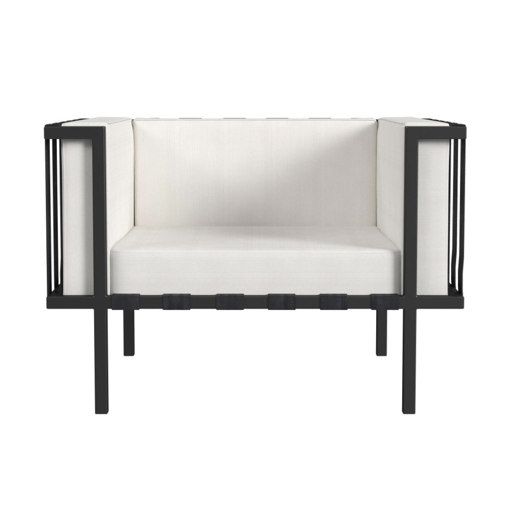 HomeRoots 33" Stylish Black Metal Outdoor Arm Chair with Detachable Off-White Cushion for Versatile Seating 527084
