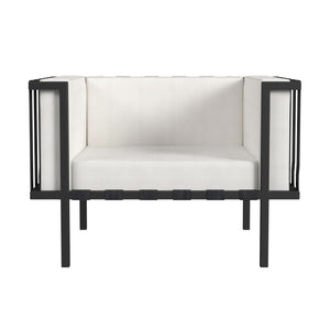 HomeRoots 33" Stylish Black Metal Outdoor Arm Chair with Detachable Off-White Cushion for Versatile Seating 527084