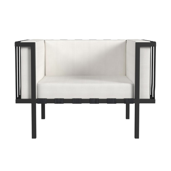 HomeRoots 33" Stylish Black Metal Outdoor Arm Chair with Detachable Off-White Cushion for Versatile Seating 527084