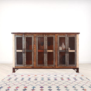 HomeRoots 71" Rustic Distressed Credenza - Handcrafted Solid Pine Storage with Unique Multicolor Finish 527087