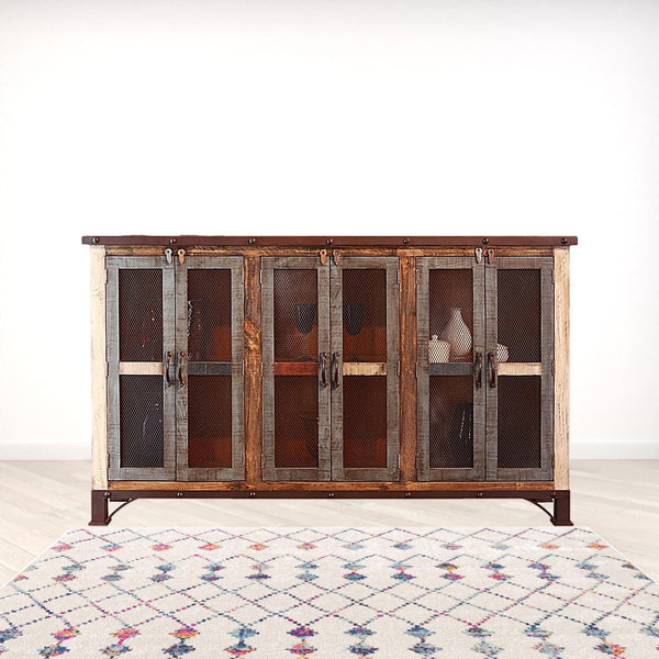HomeRoots 71" Rustic Distressed Credenza - Handcrafted Solid Pine Storage with Unique Multicolor Finish 527087