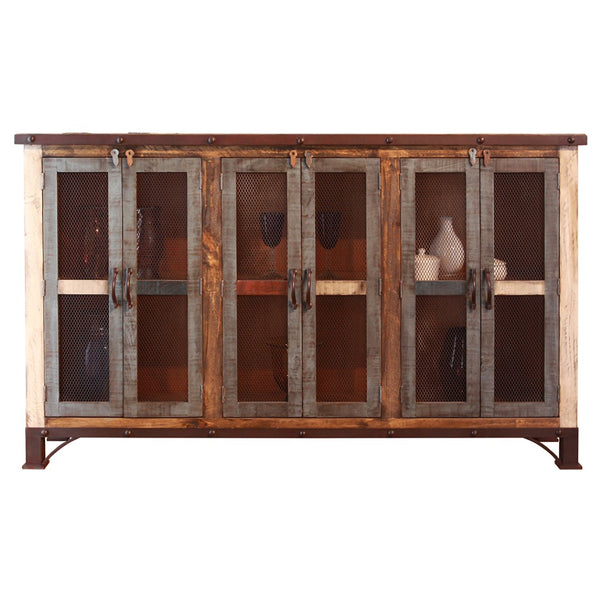 HomeRoots 71" Rustic Distressed Credenza - Handcrafted Solid Pine Storage with Unique Multicolor Finish 527087