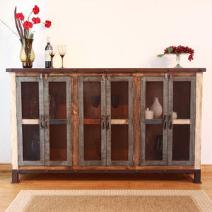 HomeRoots 71" Rustic Distressed Credenza - Handcrafted Solid Pine Storage with Unique Multicolor Finish 527087