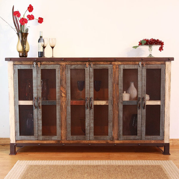 HomeRoots 71" Rustic Distressed Credenza - Handcrafted Solid Pine Storage with Unique Multicolor Finish 527087