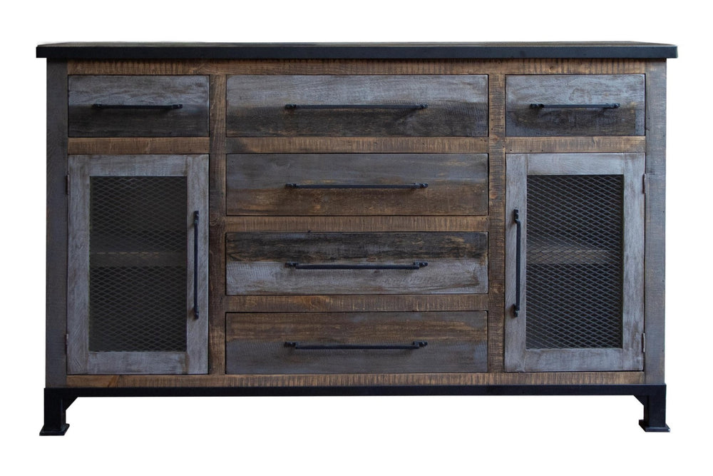 HomeRoots 71" Rustic Distressed Buffet Table with Iron Base - Versatile Storage for Dining & Entryway Decor 527088