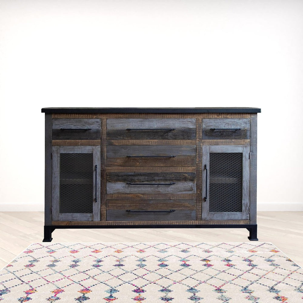 HomeRoots 71" Rustic Distressed Buffet Table with Iron Base - Versatile Storage for Dining & Entryway Decor 527088