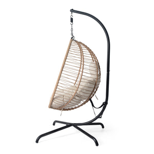 English Elm Christopher Knight Home® - Sora Beige-Brown Wicker Hanging Chair with Stand — Durable PE Rattan, Iron Frame, Plush Fade-Resist Cushion N775P225487B