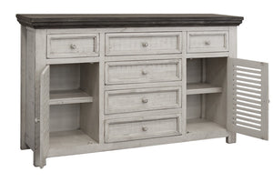70 Inch Antiqued White Solid Wood Distressed Buffet for Elegant Dining Room Storage