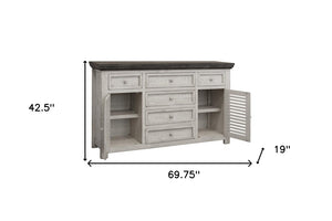 70 Inch Antiqued White Solid Wood Distressed Buffet for Elegant Dining Room Storage