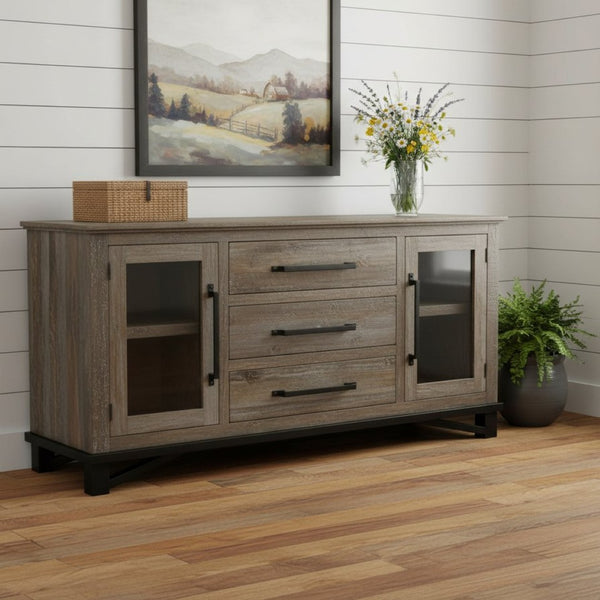 HomeRoots 69" Distressed Buffet Cabinet - Rustic Solid Wood Storage for Entryway, Dining Room & Living Space 527103