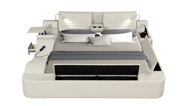 English Elm ZOYA Smart King Bed with Remote Massage Chaise, Bluetooth Speakers, USB Charging, Storage, Beige B009S01665