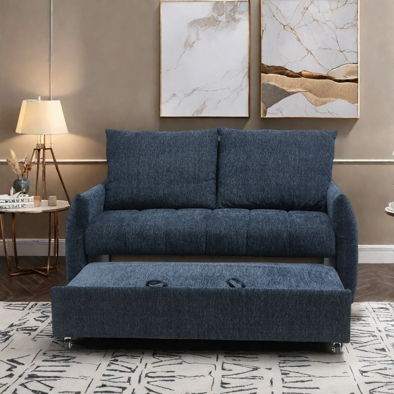 English Elm 57.48" Navy Line Velvet Sofa Bed with Adjustable 3‑Angle Backrest, Memory Foam Chaise, Modern Loveseat Sleeper (Navy) W1183S00023