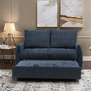 English Elm 57.48" Navy Line Velvet Sofa Bed with Adjustable 3‑Angle Backrest, Memory Foam Chaise, Modern Loveseat Sleeper (Navy) W1183S00023