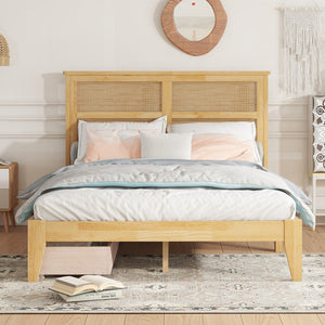 English Elm Full Full Size Bed with Rattan Headboard and Two Underbed Storage Drawers, Rubberwood Slat Support White Oak W504P269606