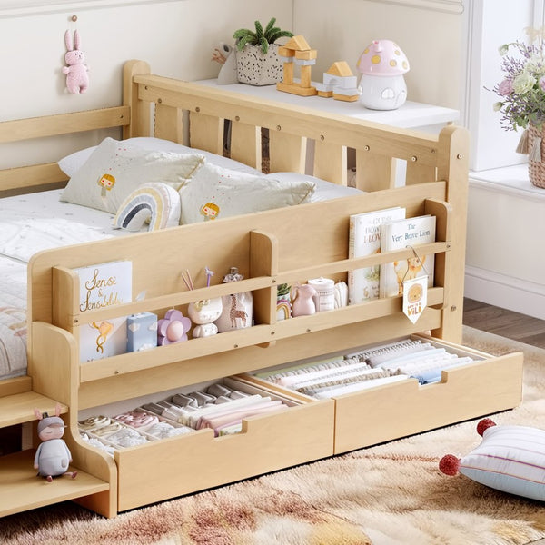 English Elm Twin Kids Platform Bed with Trundle Staircase Bookshelf and Rounded Safety Rails Light Natural W1580S00541
