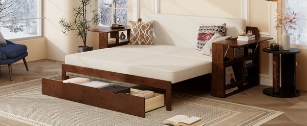 English Elm Queen Daybed with Hydraulic Desk Storage Drawers and Convertible Sofa for Small Spaces Espresso LT000272AAP