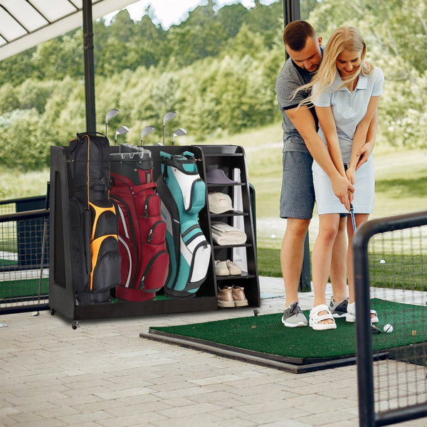 English Elm Gray Wooden Golf Organizer Rack with Drawers for Garage Club Bag Shoe Storage Black W1422P296367