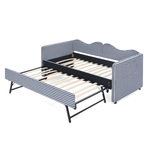 Twin‑size Gingham Upholstered Daybed with Pull Out Trundle and Side Storage Pocket