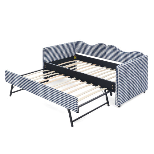 Twin‑size Gingham Upholstered Daybed with Pull Out Trundle and Side Storage Pocket