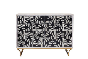 Basset Mirror Martina Bar Cabinet - Modern Elegance With Whitewash Finish, Geometric Inlays & Antique Bronze Base Black Solid Mango,Bone,Resin,Iron 5275-lr-508