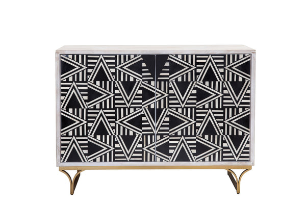 Basset Mirror Martina Bar Cabinet - Modern Elegance With Whitewash Finish, Geometric Inlays & Antique Bronze Base Black Solid Mango,Bone,Resin,Iron 5275-lr-508