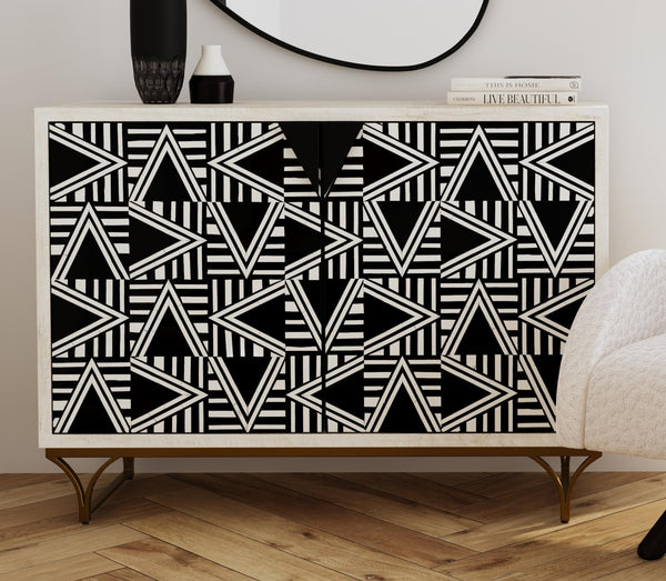 Basset Mirror Martina Bar Cabinet - Modern Elegance With Whitewash Finish, Geometric Inlays & Antique Bronze Base Black Solid Mango,Bone,Resin,Iron 5275-lr-508