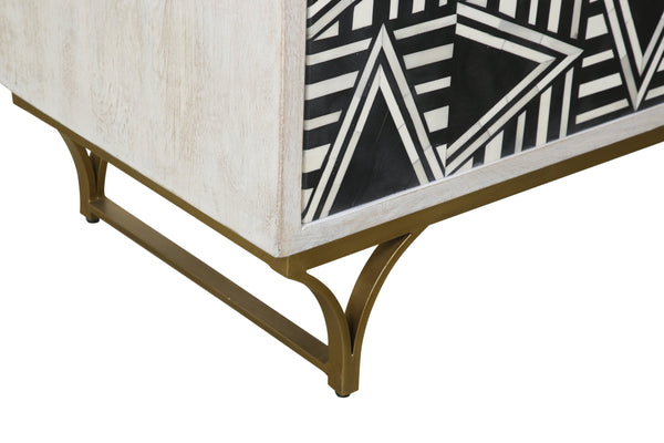 Basset Mirror Martina Bar Cabinet - Modern Elegance With Whitewash Finish, Geometric Inlays & Antique Bronze Base Black Solid Mango,Bone,Resin,Iron 5275-lr-508