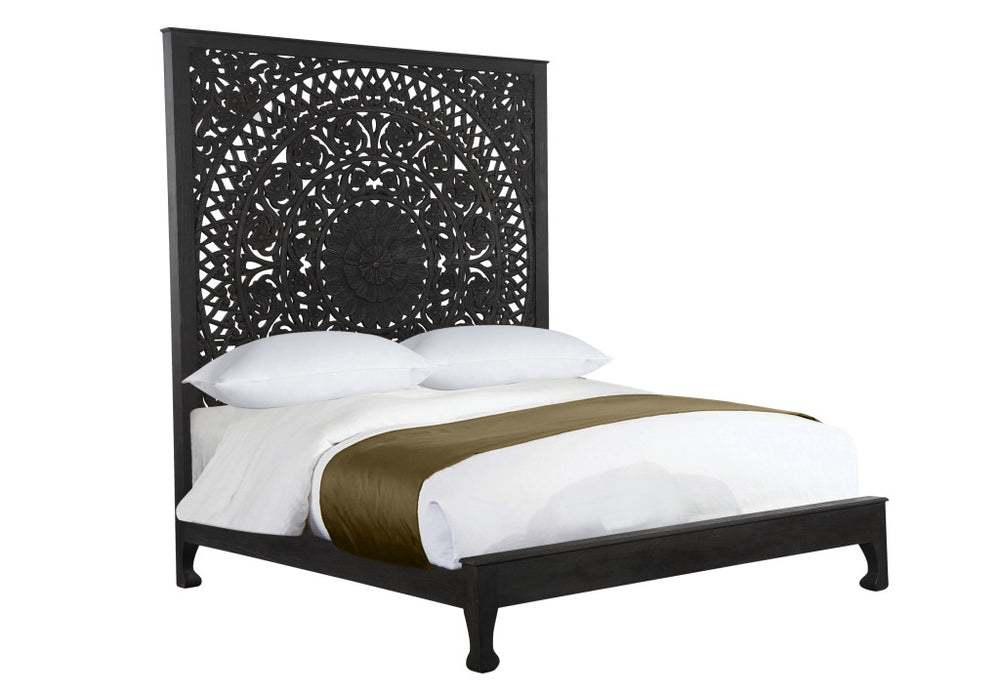 Homeroots Solid Wood King Black Carved Medallion Bed  Wood 527527